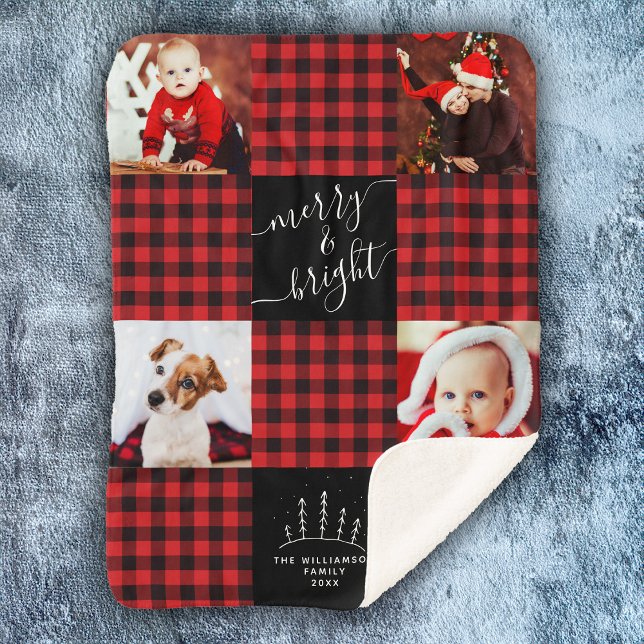 Merry & Bright Red Buffalo Plaid Christmas Photo Sherpa Blanket (Creator Uploaded)