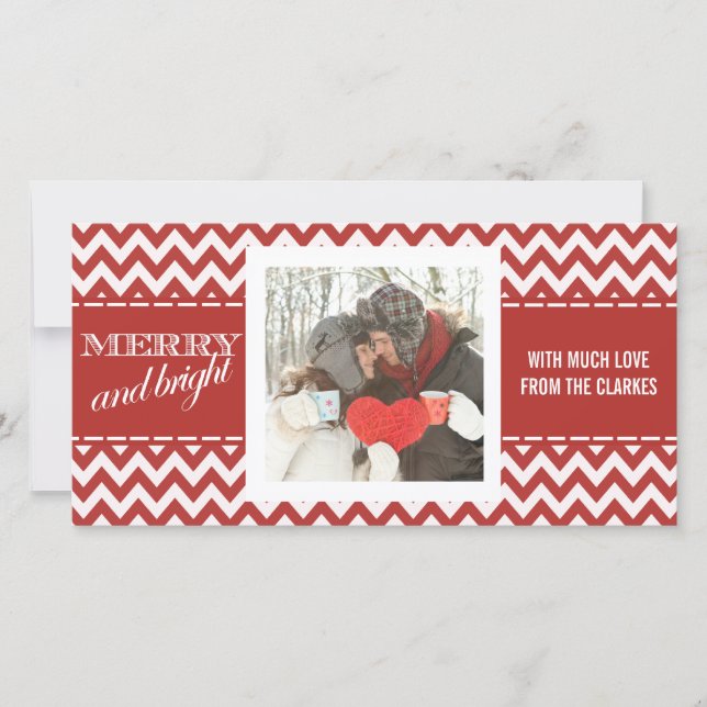 Merry & Bright  Red Chevron Photo Greeting Card (Front)