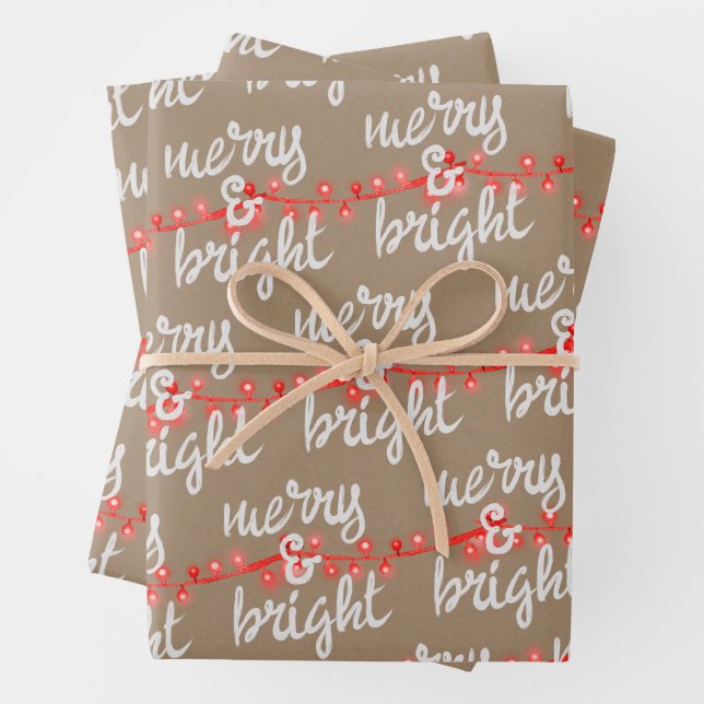 Merry & Bright Red Christmas Tree Lights Kraft Wrapping Paper Sheet (In situ)