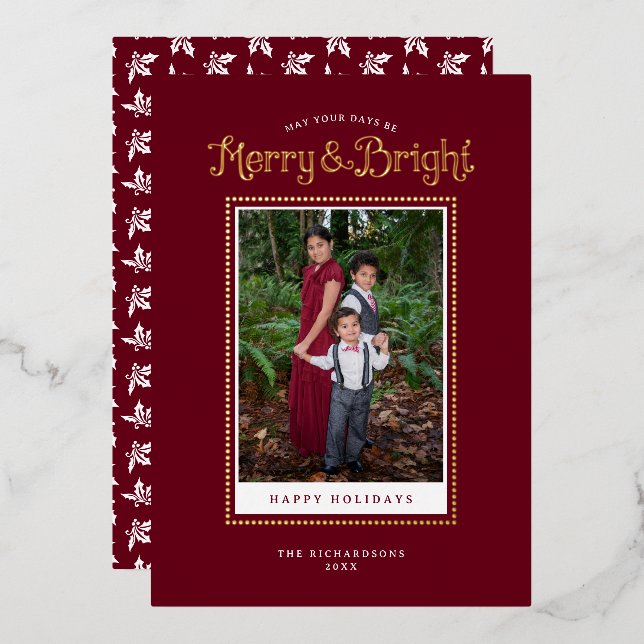 Merry Bright Red Elegant Photo Gold Foil Holiday Card (Front/Back)