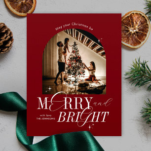Merry & Bright Red Elegant Script Christmas Photo Holiday Card