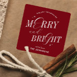 Merry & Bright Red Elegant Script Modern Christmas Square Sticker<br><div class="desc">Elegant Merry & Bright holiday sticker design in festive red and white with nostalgic script fonts. This fully editable Christmas label design includes space for your name so you can make it your own - the perfect finishing touch to your gift wrapping and packaging design this holiday season!</div>