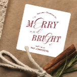 Merry & Bright Red Elegant Script Modern Christmas Square Sticker<br><div class="desc">Elegant Merry & Bright holiday sticker design in festive red and white with nostalgic script fonts. This fully editable Christmas gift label design includes space for your name so you can make it your own - the perfect finishing touch to your gift wrapping and packaging design this holiday season!</div>