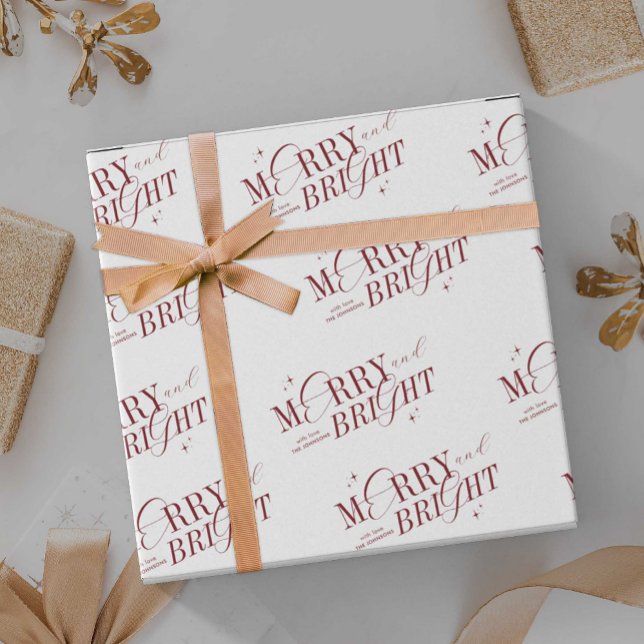 Merry & Bright Red Elegant Script Modern Christmas Wrapping Paper (Elegant white and red Merry & Bright Christmas Gift Wrapping paper with space for your name)