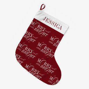 Merry & Bright Red Elegant Script Name Christmas Large Christmas Stocking