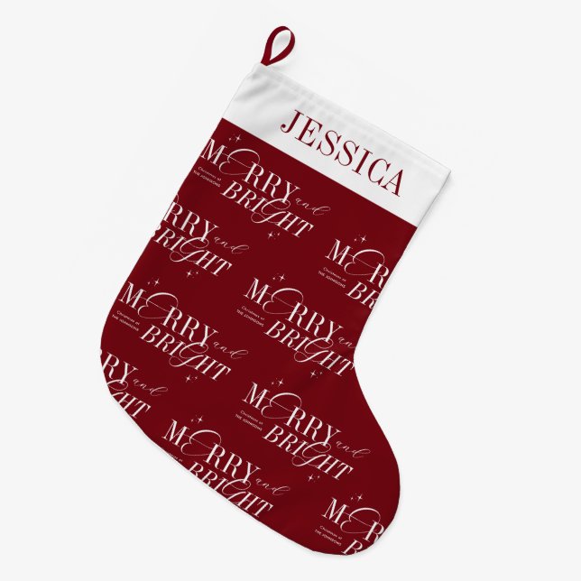 Merry & Bright Red Elegant Script Name Christmas Large Christmas Stocking (Front (Hanging))