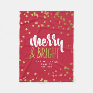 Merry & Bright   Red   Faux Gold Stars Family Name Fleece Blanket