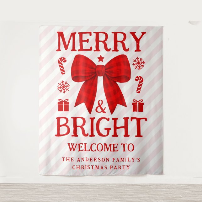 Merry & Bright Red Gingham Bow Christmas Backdrop Tapestry (Front)