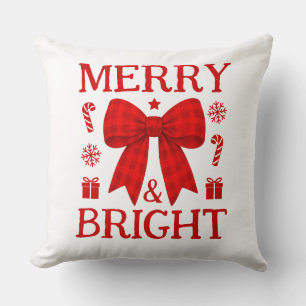 Merry & Bright Red Gingham Bow Christmas Cushion