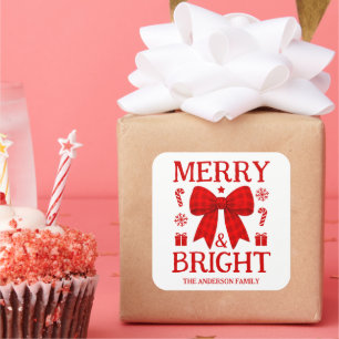 Merry & Bright Red Gingham Bow Christmas Gift Square Sticker