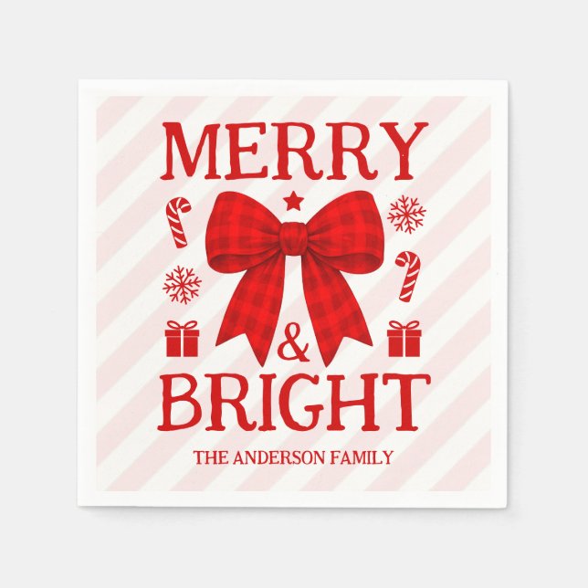 Merry & Bright Red Gingham Bow Christmas Napkin (Front)