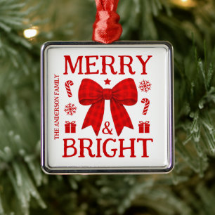 Merry & Bright Red Gingham Bow Christmas Ornament