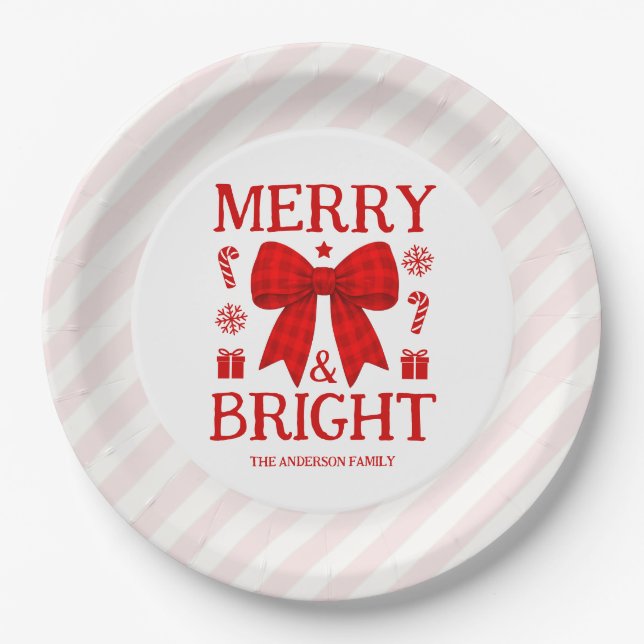 Merry & Bright Red Gingham Bow Christmas Paper Plate (Front)