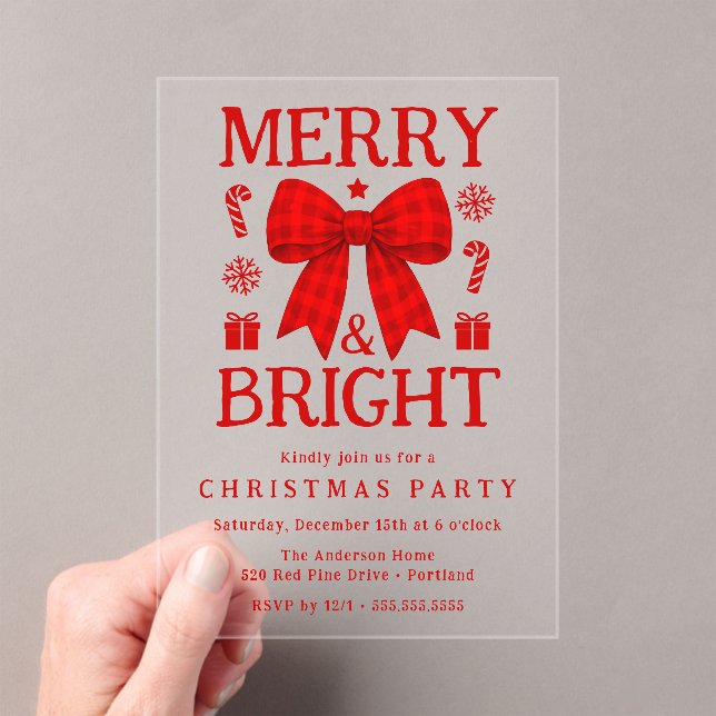 Merry & Bright Red Gingham Bow Christmas Party Acrylic Invitations (Insitu (Handheld))