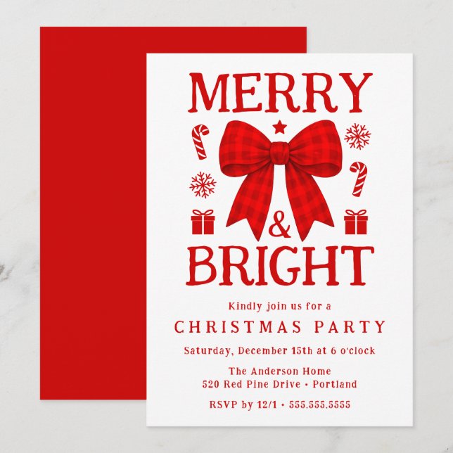 Merry & Bright Red Gingham Bow Christmas Party Invitation (Front/Back)