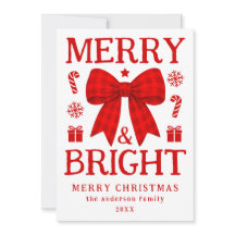 Merry & Bright Red Gingham Bow Christmas Photo