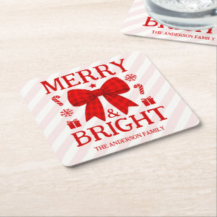 Merry & Bright Red Gingham Bow Christmas Square Paper Coaster
