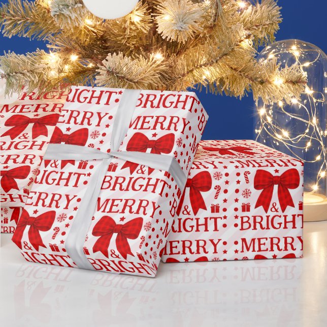 Merry & Bright Red Gingham Bow Christmas Wrapping Paper (Holidays)