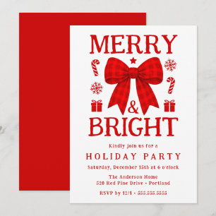 Merry & Bright Red Gingham Bow Holiday Party Invitation