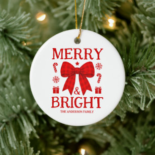 Merry & Bright Red Gingham Bow Photo Christmas Ceramic Tree Decoration