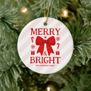 Merry & Bright Red Gingham Bow Photo Christmas Ceramic Tree Decoration