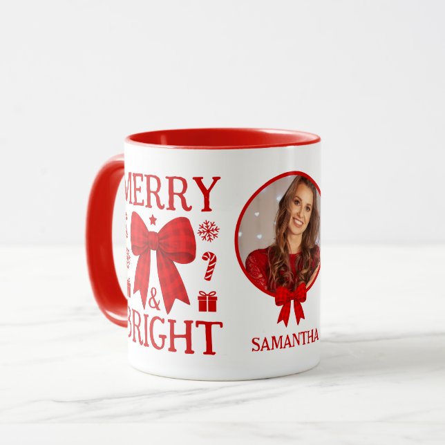 Merry & Bright Red Gingham Bow Photo Christmas Mug (Front Left)