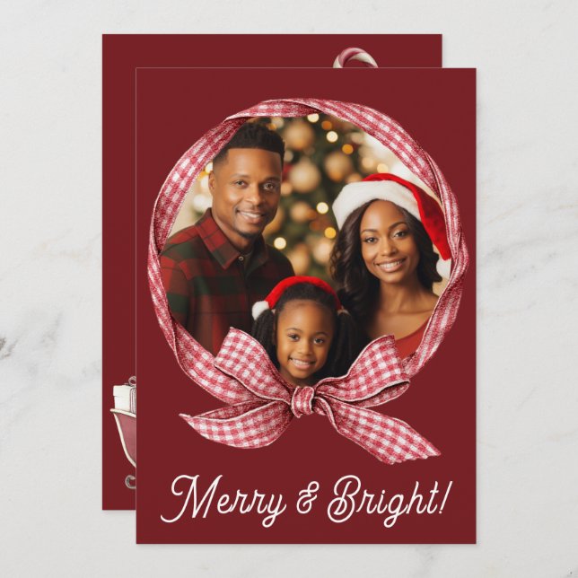 Merry & Bright Red Gingham Photo Holiday Christmas (Front/Back)