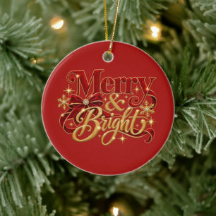 Merry Bright Red Gold Christmas Ceramic Tree Decoration