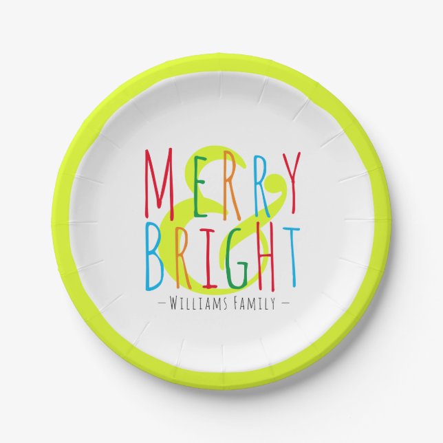 Merry & Bright Red, Green Blue Typography Holiday Paper Plate (Front)