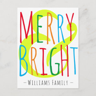 Merry & Bright Red Green Blue Typography Name Holiday Postcard