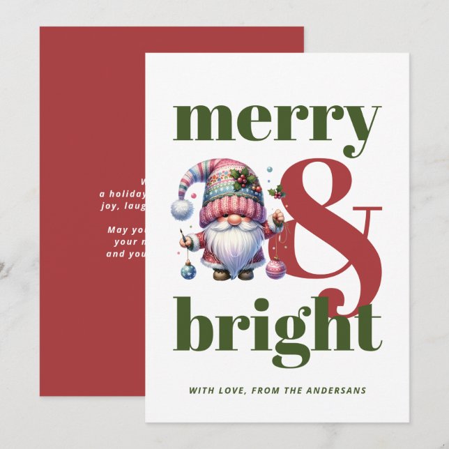 Merry & Bright Red Green Gnome Non-photo Christmas Holiday Card (Front/Back)