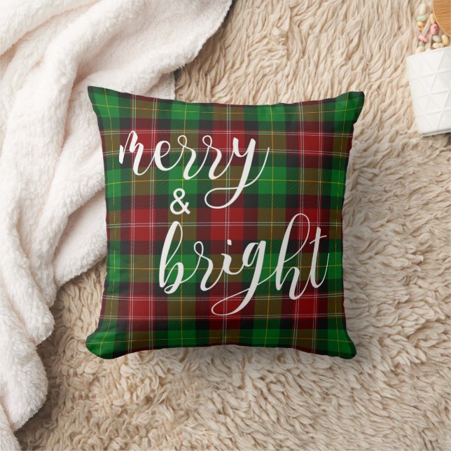 Merry & Bright Red Green Plaid Tartan Christmas Cushion (Blanket)