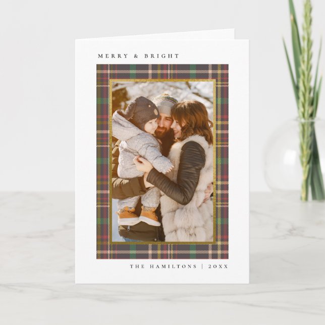 Merry & Bright Red & Green Tartan Family Photo Holiday Card (Front)