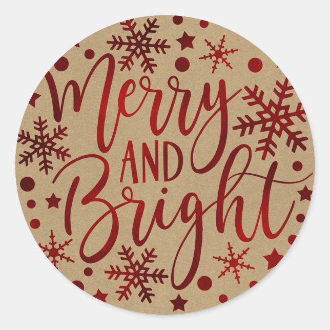 Merry & Bright Red Holiday Snowflakes Christmas Classic Round Sticker (Front)