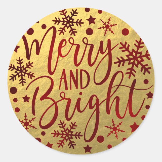 Merry & Bright Red Holiday Snowflakes Christmas Classic Round Sticker (Front)