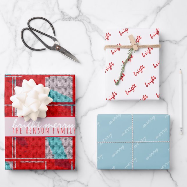 Merry Bright Red Knit Knitting Family Holiday Wrapping Paper Sheet (Front)