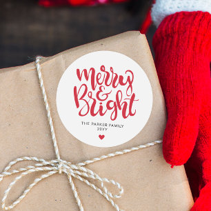 Merry & Bright Red Modern Minimal Holiday Classic Round Sticker