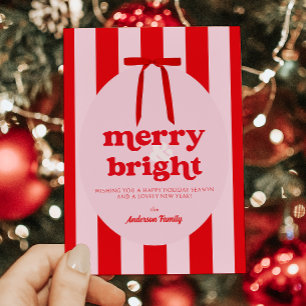 Merry & Bright Red Pink Stripes Holiday Card