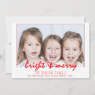 Merry Bright Red Script Family Photo Christmas Holiday Card