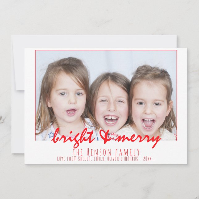 Merry Bright Red Script Family Photo Christmas Holiday Card (Front)