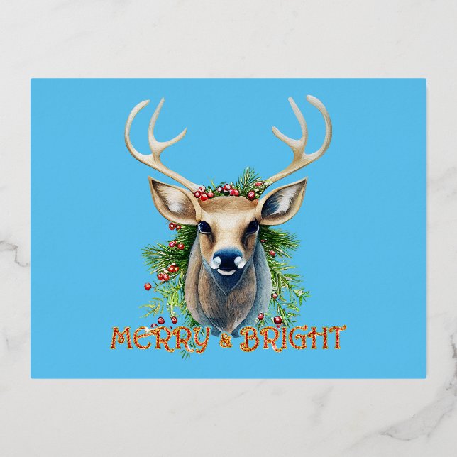 Merry & Bright Reindeer Foil Holiday Postcard (Front)