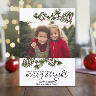 Merry Bright Retro 1 photo Christmas Pine Branches Holiday Card