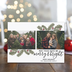 Merry Bright Retro 2 photo Christmas Pine Branches Holiday Card