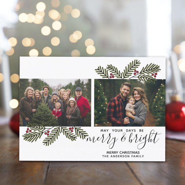 Merry Bright Retro 2 photo Modern Pine Branches Holiday Card (2 Photo - modern online Christmas Card with whimsical branches)