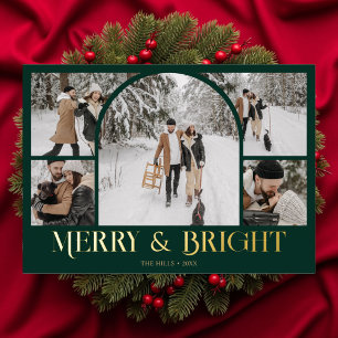 Merry Bright Retro Arch Photo Collage Foil Holiday Card