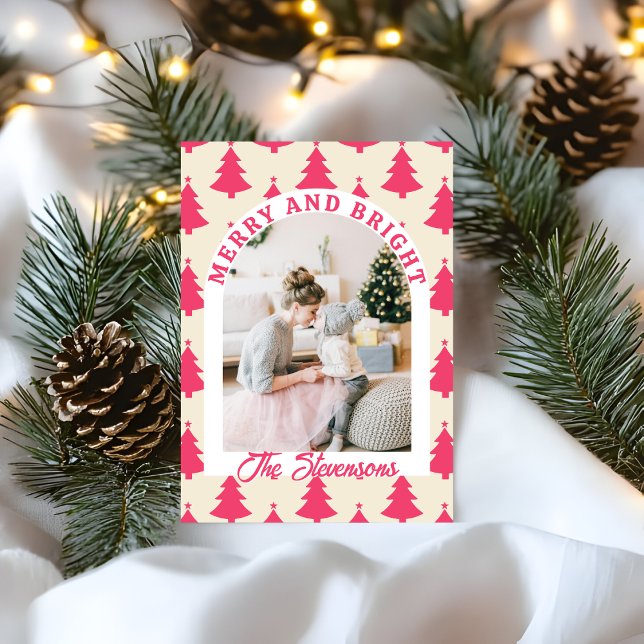 Merry & Bright Retro Arch Photo Pink Christmas Holiday Card (Creator Uploaded)