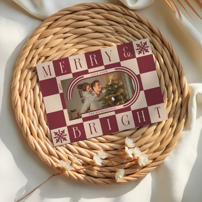 Merry & Bright Retro Chequered Christmas Arch Phot Holiday Card (Merry & Bright Retro Checker Christmas Arch Photo Holiday Card)