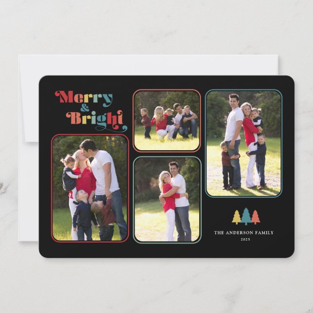 Merry & Bright Retro Colourful 4 Photo Christmas Holiday Card (Front)