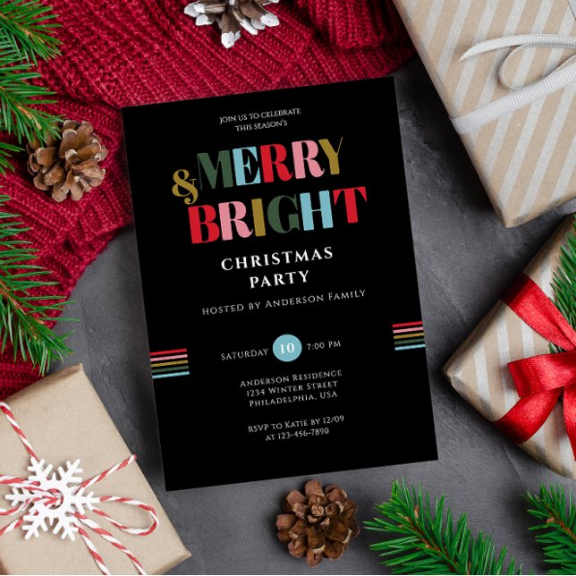 Merry & Bright Retro Colourful Black ChristmasPart Invitation (Creator Uploaded)