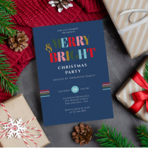 Merry & Bright Retro Colourful Blue Christmas Part Invitation